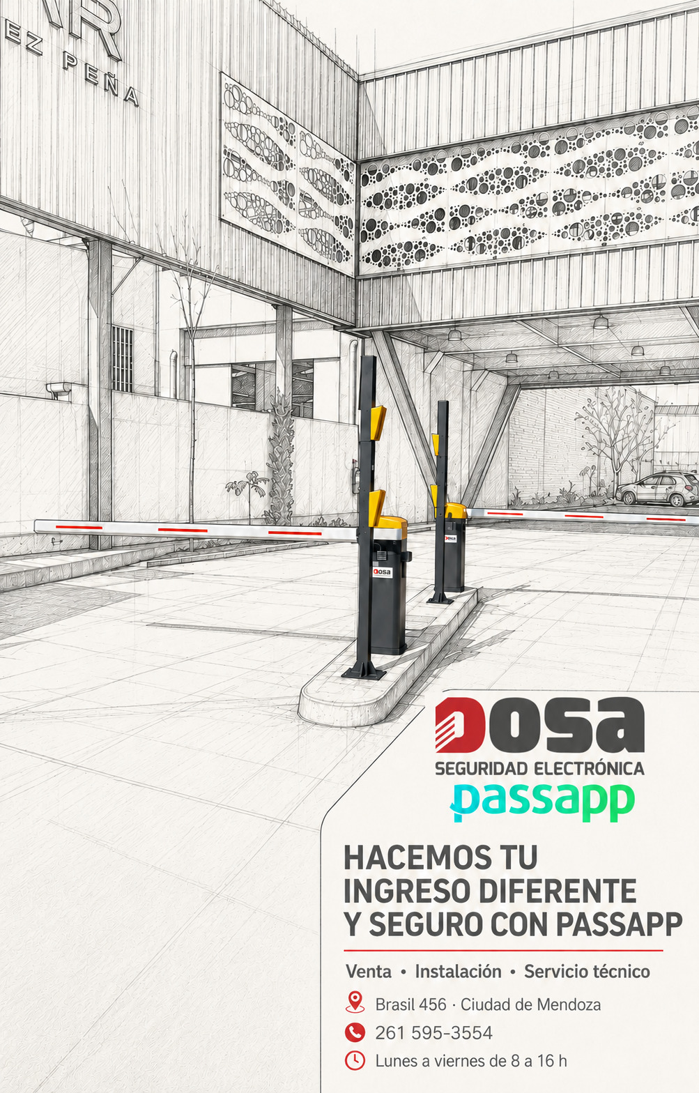 Ilustración de barreras vehiculares y equipos de control de acceso